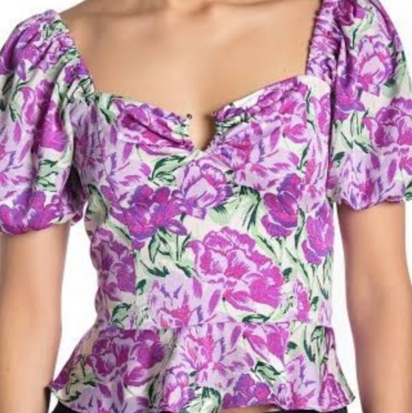 WAYF Puffed Sleeves Floral Satin Crop‎ Top Size Small - Picture 13 of 14